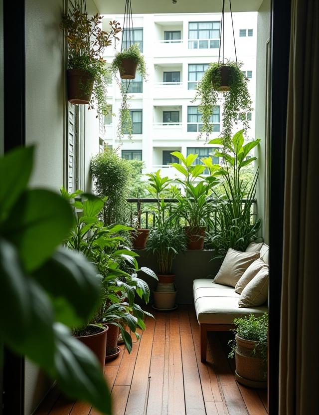 Cozy HDB balcony transformed into a green oasis.