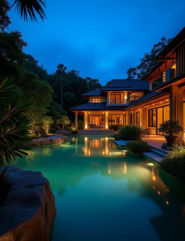 An evening shot of a luxury residence in Sentosa Cove with a beautifully lit garden.