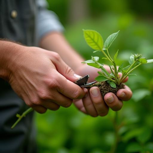 A gardener carefully pruning a delicate plant in a lush garden.